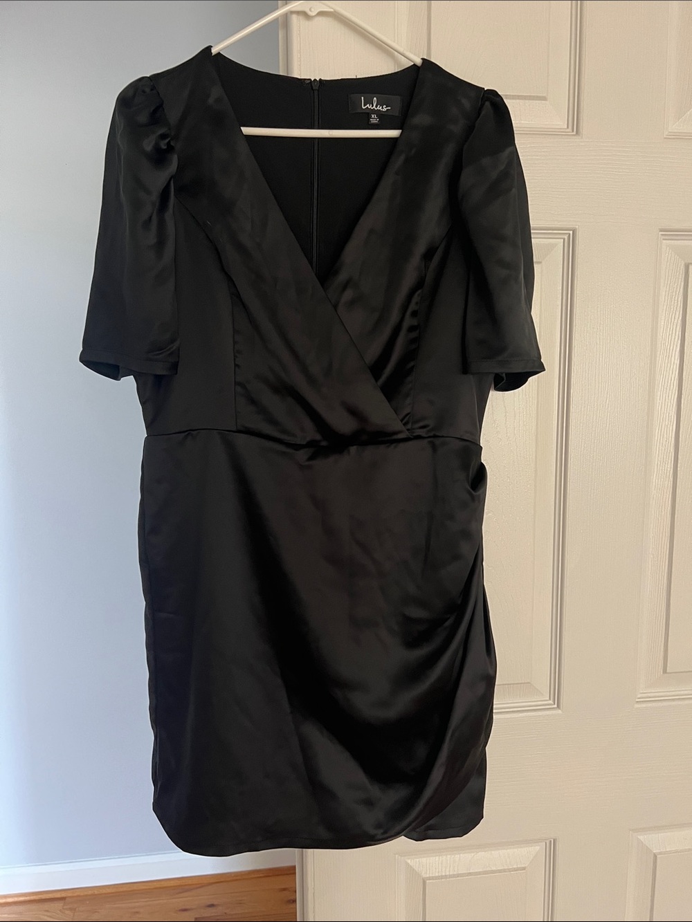 Lulu's Black Satin V-Neck Draped Mini Dress